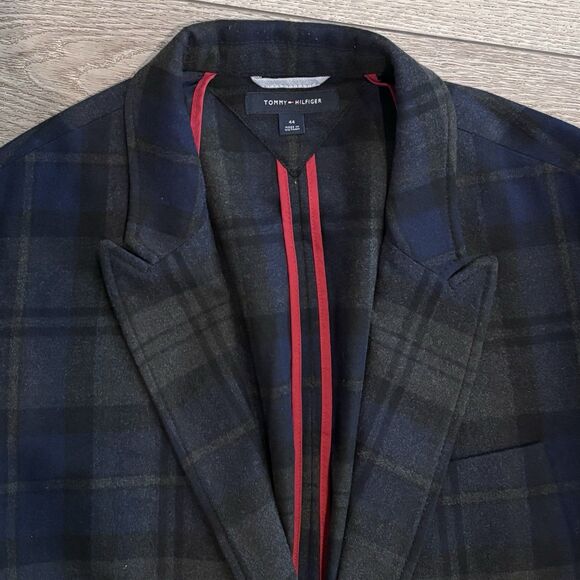 Tommy Hilfiger Blazer Mens 44 Blue Grey Plaid Wool Two Button Jacket - Picture 3 of 10